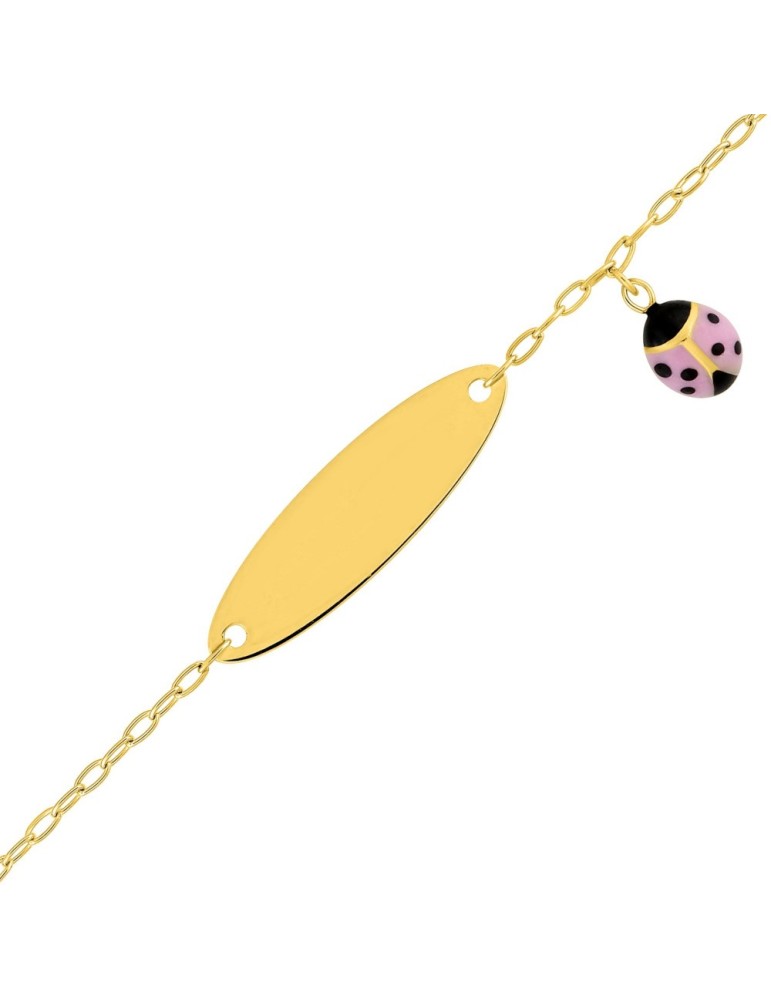 Gourmette bébé ovale coccinelle rose à graver en Or Jaune 18K 750/1000