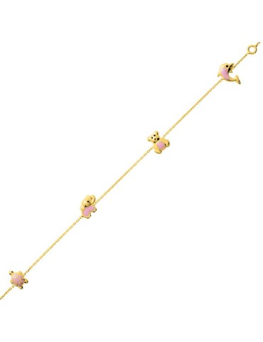 Bracelet fantaisie animal (tortue, ours, éléphant, dauphin) enfant en or jaune 18K 750/1000 2