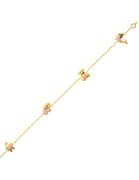 Bracelet fantaisie animal (tortue, ours, éléphant, dauphin) enfant en or jaune 18K 750/1000
