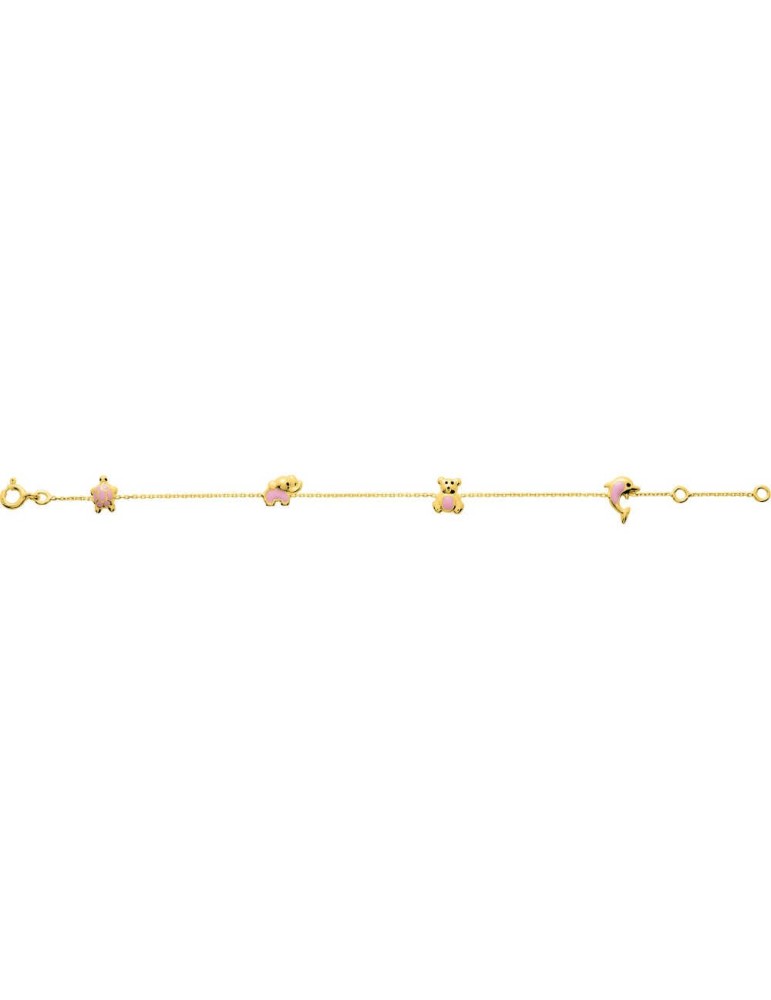 Bracelet fantaisie animal (tortue, ours, éléphant, dauphin) enfant en or jaune 18K 750/1000