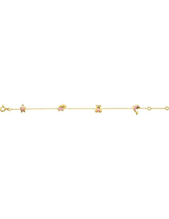 Bracelet fantaisie animal (tortue, ours, éléphant, dauphin) enfant en or jaune 18K 750/1000