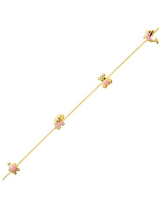Bracelet fantaisie animal (tortue, ours, éléphant, dauphin) enfant en or jaune 18K 750/1000