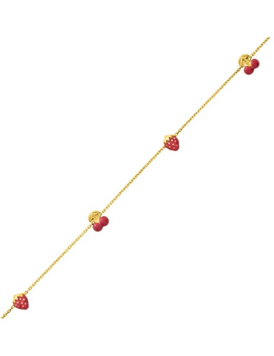 Bracelet fantaisie fruit (fraise et cerise) enfant en or jaune 18K 750/1000