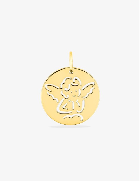 Médaille ange ronde ajourée en or jaune 18 carats 750/1000