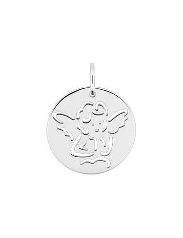 Médaille ange ronde ajourée en or blanc 18 carats 750/1000