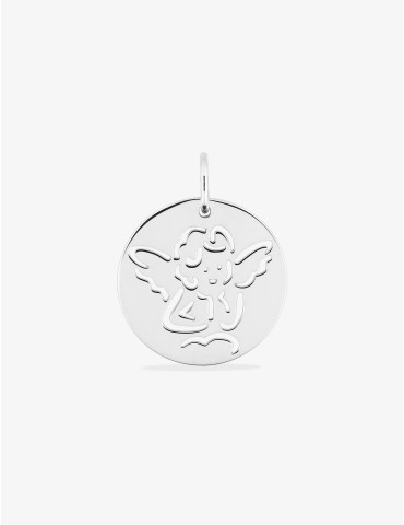 Médaille ange ronde ajourée en or blanc 18 carats 750/1000 2