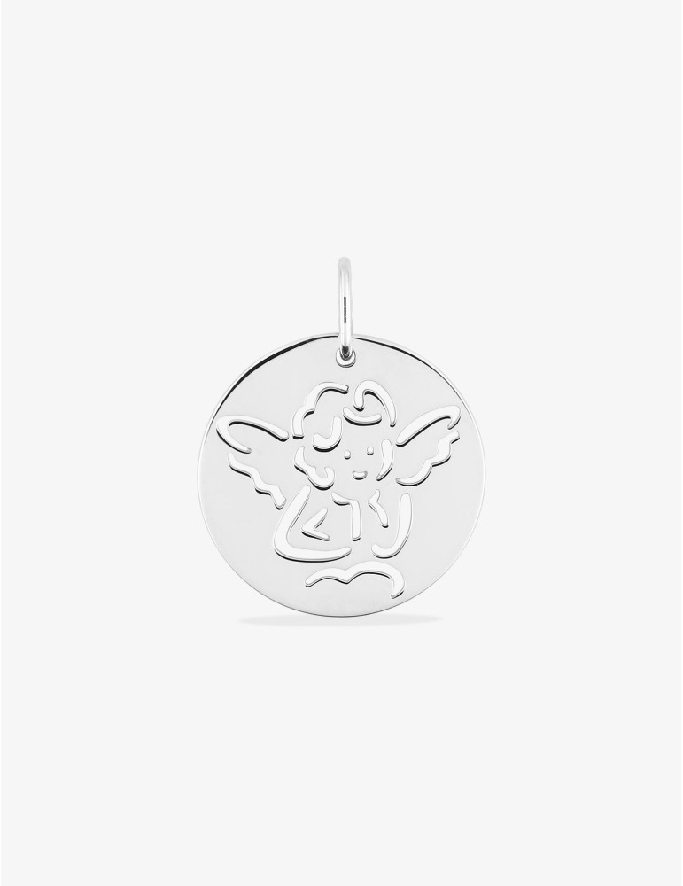 Médaille ange ronde ajourée en or blanc 18 carats 750/1000