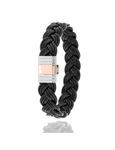 Bracelet Albanu Rubyfrost cuir de pomme noir acier et or rose 18k
