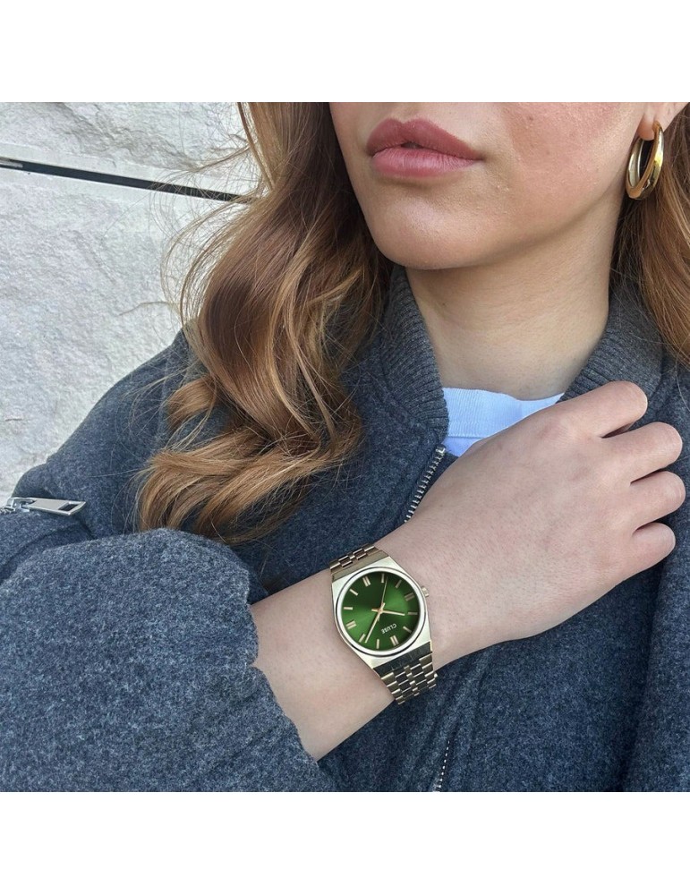 CLUSE Retro 70's CW35105 – Montre femme dorée, vert forêt, 33 mm
