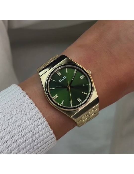 CLUSE Retro 70's CW35105 – Montre femme dorée, vert forêt, 33 mm